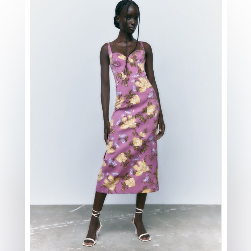 🆕 Zara Satin Corset Midi Dress Floral Purple Size XS